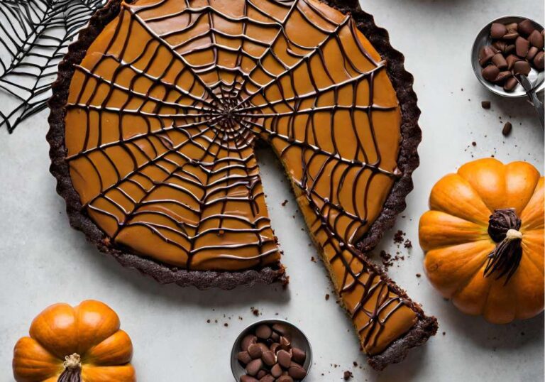 halloweenský dýňový koláč s pavučinou